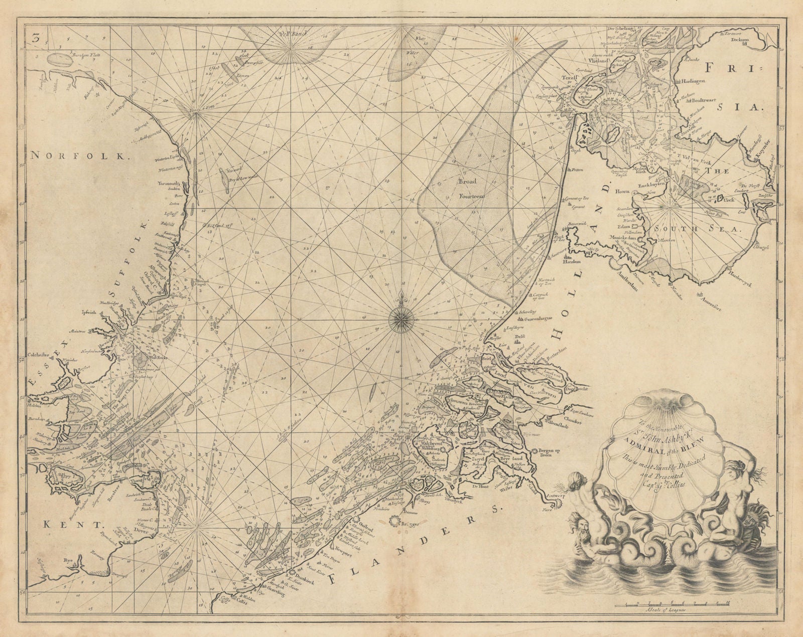 NORTH SEA coast chart. East Anglia Kent Holland Flanders. COLLINS 1723 old map